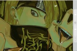 1017gomo9 1boy akatsuki_uniform asymmetrical_bangs black_background black_eyeliner black_nails blonde_hair deidara_(naruto) drooling extra_mouth eyeliner eyepatch forehead_protector highres iwagakure_symbol long_hair looking_at_viewer makeup male_focus naruto_(series) naruto_shippuuden robe serious solo unfinished 