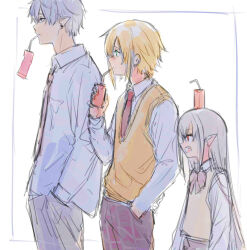  1girl 2boys blonde_hair bow bowtie closed_mouth collared_shirt commentary drink_carton drinking earrings from_side green_eyes grey_hair grey_pants group_picture hand_in_pocket hand_up height_difference highres holding holding_drink_carton isshiki_(ffmania7) jewelry kuzuha_(nijisanji) long_hair long_sleeves looking_ahead loser_kings makaino_ririmu multiple_boys multiple_girls necktie nijisanji object_on_head open_mouth pants pink_bow pink_bowtie pointy_ears purple_pants red_necktie school_uniform shirt short_hair sidelocks simple_background sketch stud_earrings sweater_vest untranslatable_commentary uzuki_kou uzuki_kou_(3rd_costume) very_long_hair virtual_youtuber white_background white_shirt yellow_sweater_vest 