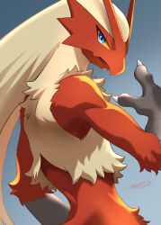 1other blaziken blue_eyes brown_fur brown_hair claws colored_sclera furry furry_male grey_background highres looking_at_viewer netiel parted_lips pokemon pokemon_(creature) pokemon_focus red_fur two-tone_fur upper_body yellow_sclera 