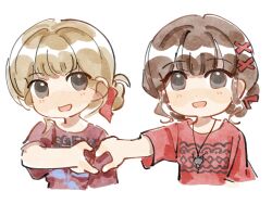  2girls artist_request blush brown_hair commentary_request commission hair_ornament heart heart_hands heart_hands_duo highres jewelry multiple_girls necklace open_mouth photo-referenced real_life red_shirt sasaki_rico second-party_source shirt short_hair short_sleeves simple_background takao_kanon upper_body voice_actor white_background x_hair_ornament 