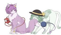  ^_^ animal animal_ear_fluff animal_focus animal_with_hair animalization biting biting_another's_tail black_hairband black_hat bow cat closed_eyes closed_mouth clothed_animal commentary_request disembodied_linked_eye eyeball green_fur green_hair hairband hat hat_bow heart highres komeiji_koishi komeiji_satori no_humans pink_eyes pink_fur pink_hair siblings simple_background sisters smile tail tktkhappymchyru touhou white_background yellow_bow 