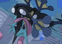  1other absurdres ashida_(user_dxec4477) building city commentary_request day furry greninja highres mega_greninja mega_pokemon midair outdoors pink_scarf pokemon pokemon_(creature) pokemon_focus reaching reaching_towards_viewer scarf sky skyscraper upside-down 