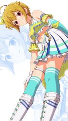 1girl absurdres ahoge blonde_hair boots closed_mouth commentary_request drapitz gloves green_socks hair_tie highres ibuki_tsubasa idolmaster idolmaster_million_live! idolmaster_million_live!_theater_days navel red_eyes simple_background skirt smile socks thighs white_gloves 