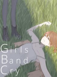  2girls black_shoes blue_eyes brown_hair cardboard_wings dress fake_wings girls_band_cry grass grcr_pometa1118 grey_pantyhose highres iseri_nina kawaragi_momoka lying multiple_girls pantyhose shoes short_hair sitting standing white_dress wings 