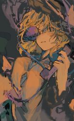  1girl absurdres black_hat commentary_request corded_phone green_hair grey_eyes hair_between_eyes hat highres holding holding_phone komeiji_koishi long_sleeves looking_at_viewer medium_hair parted_lips phone shirt solo third_eye touhou touka446 upper_body wide_sleeves yellow_shirt 