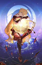  1boy absurdres aether_(genshin_impact) ahoge artist_logo baggy_pants belt black_boots blonde_hair blue_sky boots braid broken_glass brown_belt brown_gloves brown_pants brown_shirt cape commentary_request crying crying_with_eyes_open floating_hair flower full_body gauntlets genshin_impact glass gloves hair_between_eyes hair_ornament hair_ribbon highres holding_moon kamino_eru logo long_hair looking_down low-braided_long_hair low-tied_long_hair male_focus moon mountain night ocean outdoors pants red_flower ribbon scarf shirt short_sleeves single_braid sitting sky solo star_(symbol) tears teeth white_ribbon white_scarf yellow_cape yellow_eyes yellow_moon 