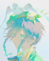 1boy androgynous animal_on_head aqua_eyes aqua_hair ascot beak beret bird bird_on_head bird_wings black_bow black_bowtie black_hair bow bowtie braid cape collared_cape collared_shirt commentary_request dove floating_hair flower genshin_impact gradient_hair green_cape green_hat hair_between_eyes hair_flower hair_ornament hat highres leaf_hair_ornament looking_at_viewer male_focus multicolored_hair on_head open_mouth sakuraranndo shirt short_hair simple_background solo striped_bow striped_bowtie striped_clothes twin_braids two-tone_hair upper_body venti_(genshin_impact) watermark white_ascot white_background white_shirt wings yellow_flower 