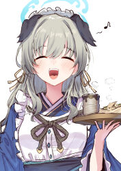  1girl absurdres animal_ears apron blue_archive blue_halo blue_kimono blush closed_eyes commentary dog_ears dog_girl drink extra_ears food green_hair halo highres holding holding_tray japanese_clothes kimono long_hair maid maid_apron maid_headdress open_mouth solo take-run-atelier tray umika_(blue_archive) upper_body wa_maid 
