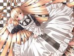  :t aqua_eyes blonde_hair blush bowtie checkered checkered_floor dress from_above gosick highres lace lolita_fashion long_hair lying on_back pout solo very_long_hair victorica_de_blois wallpaper 