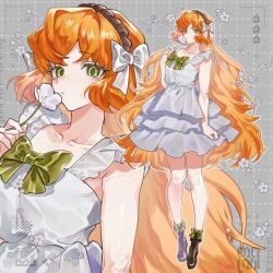  1girl arm_at_side arm_freckles body_freckles bow bowtie brown_hairband brown_shoes chest_freckles commentary dotted_line dress flower freckles green_bow green_bowtie green_dress green_eyes grey_background grid_background hair_bow hairband highres holding holding_flower ishmael_(project_moon) light_frown limbus_company long_hair looking_at_viewer orange_hair project_moon shoes sidelocks solo tatsunami water white_bow white_dress white_flower zoom_layer 