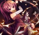  bare_shoulders blush boots chain chains detached_sleeves eating fish long_hair magical_girl mahou_shoujo_madoka_magica mouth_hold polearm ponytail rairateru red_eyes red_hair redhead sakura_kyouko solo spear thigh-highs thighhighs weapon 
