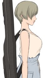  1girl breasts brown_hair commentary_request girls_band_cry grcr_pometa1118 guitar_case highres instrument_case instrument_case_on_back medium_breasts open_mouth rupa_(girls_band_cry) shirt short_hair simple_background sleeveless sleeveless_shirt solo white_background 