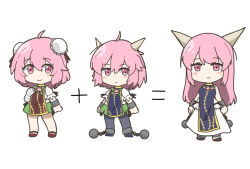  3girls ahoge arms_at_sides ball_and_chain_restraint bandaged_arm bandaged_leg bandages bang_dream! black_tabard blush_stickers bob_cut brown_shoes brown_tabard bun_cover c: chain chibi chibi_only chinese_commentary closed_mouth commentary_request cone_horns cuffs double-parted_bangs double_bun dress equal_sign equation expressionless flower flower_on_chest full_body ganso!_bang_dream_chan gold_trim green_skirt grey_horns grey_pantyhose hair_between_eyes hair_bun hand_up horns ibaraki_douji's_arm ibaraki_douji_(touhou) ibaraki_kasen li_yun_nuo_0199 light_smile long_dress long_hair looking_at_viewer miniskirt multiple_girls multiple_persona oni pantyhose parody pink_eyes pink_flower pink_hair plus_sign puffy_short_sleeves puffy_sleeves shackles shoes short_hair short_sleeves simple_background skirt sleeveless sleeveless_dress smile standing style_parody tabard touhou white_background white_dress 