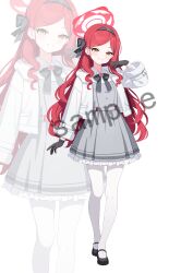  1girl absurdres black_bow black_bowtie black_gloves black_hairband black_shoes blue_archive blush bow bowtie dress frilled_dress frills full_body fur-trimmed_jacket fur-trimmed_sleeves fur_trim gloves grey_dress grin hair_bow hairband halo hand_up highres jacket long_hair long_sleeves looking_at_viewer mary_janes open_clothes open_jacket pantyhose parted_bangs recri_(mihuashi) red_hair red_halo sample_watermark shoes smile solo takane_(blue_archive) watermark white_background white_jacket white_pantyhose yellow_eyes zoom_layer 
