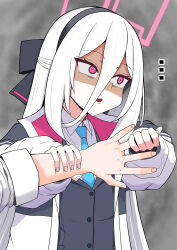  1boy 1girl absurdres blue_archive blue_necktie bow double-parted_bangs hair_between_eyes half_updo halo highres holding_another's_finger holding_another's_wrist jacket kei_(blue_archive) kei_(student)_(blue_archive) long_bangs long_hair long_hair_between_eyes long_sleeves looking_at_another multicolored_jacket necktie pink_eyes pink_halo rectangular_halo school_uniform sensei_(blue_archive) shaded_face shirt speech_bubble tsurubaamii two-sided_fabric two-sided_jacket very_long_hair white_hair yandere 