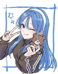 1girl :q ;q blue_eyes blue_hair blue_necktie brown_jacket closed_mouth commentary_request cropped_torso eyelashes fingernails hair_between_eyes hairband highres holding holding_stuffed_toy hololive hoshimachi_suisei jacket long_hair long_sleeves nail_polish necktie one_eye_closed smile solo star_(symbol) stuffed_animal stuffed_toy teddy_bear tongue tongue_out v white_background white_hairband yaya_(pi63925174)