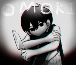  1boy antenna_hair black_eyes black_hair black_tank_top black_thighhighs chromatic_aberration closed_mouth commentary_request copyright_name double-parted_bangs hair_between_eyes highres holding holding_knife knees_up knife male_focus omori short_hair shorts sitting sk816 solo striped_clothes striped_shorts tank_top thigh-highs vertical-striped_clothes vertical-striped_shorts white_shorts 