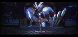  14sky 1girl 1other absurdres android blue_horns bodysuit breasts candy copyright_name covered_navel darling_in_the_franxx english_text food full_body hairband hand_on_own_hip highres horns indoors letterboxed lollipop long_hair looking_at_viewer mecha mecha_pilot_suit medium_breasts multicolored_bodysuit necktie on_one_knee parasite_suit_(darling_in_the_franxx) pink_hair red_bodysuit red_horns red_necktie robot scenery science_fiction single_horn smile standing strelizia white_bodysuit white_hairband wide_shot zero_two_(darling_in_the_franxx) 