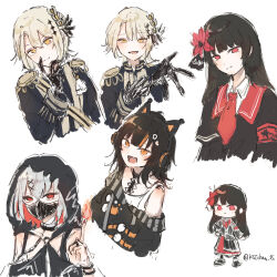  4girls :d ahoge aiguillette animal_ear_headphones animal_ears armband artist_name bare_shoulders belt_collar black_capelet black_choker black_coat black_dress black_gloves black_hair black_hood black_mask black_pantyhose black_shirt black_shoes black_skirt black_sweater black_tank_top blonde_hair capelet cat_ear_headphones cat_ears choker closed_mouth coat collar collared_shirt colored_inner_hair commentary_request crossed_bangs cuffs curtained_hair diamond_hair_ornament dress epaulettes eyeball_hair_ornament fake_animal_ears flower gloves grey_hair hair_between_eyes hair_flower hair_ornament hasumi_leia headphones high_collar highres jewelry kasai_(ksichan_25) layered_skirt long_hair long_skirt long_sleeves looking_at_viewer mahou_shoujo_no_majo_saiban mask mouth_mask multicolored_hair multiple_girls multiple_views necktie nikaido_hiro off-shoulder_sweater off_shoulder open_mouth orange_eyes orange_streaks overskirt pantyhose pleated_skirt red_armband red_eyes red_flower red_hair red_nails red_necktie red_skirt ring sash sawatari_coco shackles sharp_teeth shirt shito_alisa shoes short_hair shoulder_sash side_capelet signature simple_background single_bare_shoulder skirt smile streaked_hair sweater tank_top teeth twitter_username upper_teeth_only white_background white_gloves white_shirt x_hair_ornament yellow_eyes 