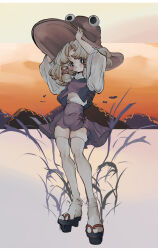  1girl absurdres black_eyes blonde_hair brown_hat closed_mouth commentary_request full_body hat highres inkopico medium_hair moriya_suwako one-hour_drawing_challenge purple_skirt purple_vest shirt skirt solo thick_eyebrows thigh-highs touhou vest white_shirt white_thighhighs wide_sleeves 