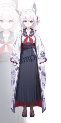  1girl absurdres animal_ear_fluff animal_ears blue_sailor_collar blue_skirt brown_pantyhose collarbone floral_print floral_print_kimono fox_ears full_body hair_between_eyes hair_ornament highres japanese_clothes kimono long_hair long_skirt long_sleeves looking_at_viewer neckerchief obi one_side_up open_clothes open_kimono original pantyhose parted_lips pleated_skirt print_kimono recri_(mihuashi) red_neckerchief sailor_collar sample_watermark sandals sash school_uniform serafuku shirt skirt solo straight-on tabi violet_eyes watermark white_background white_hair white_kimono white_shirt zoom_layer zouri 