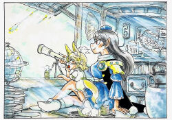  2girls aged_down air_conditioner animal_ears black_hair blue_hat book book_stack bookshelf commentary_request conical_hat day fox_ears fox_girl fox_tail globe hat iizunamaru_megumu indoors jar kettle kudamaki_tsukasa long_hair medium_hair morisshii_(morishiey) multiple_girls phone red_eyes shadow socks sunlight tail telescope tokin_hat tripod white_socks window 