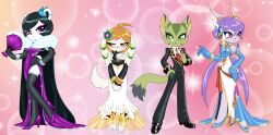  4girls absurdres animal_ears black_gloves black_hair black_nose blue_gloves carol_tea cat_ears cat_girl cat_tail commentary cronicaltonical crossdressing dog_girl dog_tail dragon_girl dragon_horns dress earphones elbow_gloves english_commentary flower formal_clothes freedom_planet freedom_planet_2 furry furry_female gloves green_eyes green_fur hair_flower hair_ornament hand_in_pocket hand_on_own_hip high_heels highres horns jacket light_blush long_hair milla_basset multiple_girls neera_li orange_hair panda panda_ears panda_girl pink_eyes purple_dress purple_hair sash_lilac short_hair striped_fur tail thigh-highs tomboy twintails violet_eyes water_dragon white_dress white_fur 
