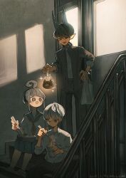  1girl 2024 2boys ahoge ahoge_girl_(jimini_shijimi) artist_name bag bento black_pants blue_sailor_collar blue_serafuku blue_skirt blunt_bangs chopsticks closed_mouth collared_shirt commentary_request crossed_bangs dark-skinned_male dark_skin dim_lighting eating hair_between_eyes happy highres holding holding_bag holding_chopsticks horns ice_god_(jimini_shijimi) indoors instant_cup_noodles instant_noodles jacket jimini_shijimi long_hair long_sleeves looking_at_another multiple_boys neckerchief on_stairs open_mouth original pants plastic_bag pleated_skirt pointy_ears red_neckerchief sailor_collar school_uniform serafuku shirt short_eyebrows short_hair short_sleeves sidelocks sitting skirt sleeves_rolled_up smile solo standing white-haired_man_(jimini_shijimi) white_hair 