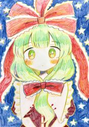  1girl blue_background blush bow closed_mouth collared_dress commentary_request dot_mouth dress frilled_bow frilled_ribbon frills front_ponytail green_eyes green_hair hair_bow hair_ribbon highres kagiyama_hina long_hair looking_ahead looking_at_viewer puffy_short_sleeves puffy_sleeves red_bow red_dress red_ribbon ribbon short_sleeves star_(symbol) star_symbol_background straight-on toitoihoaru touhou traditional_media upper_body v_arms 