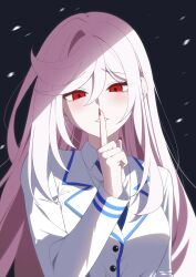  1girl absurdres black_background blue_necktie blush collared_shirt commentary finger_to_mouth fingernails furrowed_brow hair_between_eyes hand_up highres index_finger_raised jacket long_fingernails long_hair long_sleeves looking_at_viewer nail_polish necktie original parted_lips red_eyes red_nails reia_76 school_uniform shirt shushing sidelocks simple_background single_hair_intake solo upper_body white_hair white_jacket white_shirt 