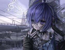 1girl breasts bridge choker collar commentary cyberia0321 d4dj ear_piercing facial_tattoo finger_on_trigger gun gun_to_own_head hair_between_eyes handgun highres holding holding_gun holding_weapon jacket jewelry long_sleeves looking_at_viewer neck_tattoo piercing power_lines purple_hair round_eyewear scenery shirt short_hair solo sophia_(d4dj) spiked_collar spikes tattoo transmission_tower violet_eyes weapon 