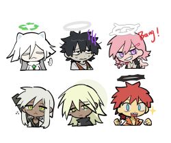  3boys 3girls animal_ears arrow_(symbol) bai_chong_(false_memory) black_dress black_hair blonde_hair blue_eyes cat_ears chibi chibi_only closed_mouth crosshair_halo dark-skinned_female dark-skinned_male dark_skin dress false_memory fang_tang_(false_memory) fangs guan_chao_(false_memory) hair_ornament hairclip halo high-visibility_clothing high-visibility_vest highres hui_huo_(false_memory) id_card jacket jacket_on_shoulders jewelry kemonomimi_mode multiple_boys multiple_girls necklace open_clothes open_mouth pink_hair ran_deng_(false_memory) recycling_symbol red_hair shirt short_sleeves south_ac sparkle spiky_hair tan white_hair white_shirt yellow_eyes yi_(false_memory) 