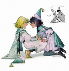  2girls agott_arklaum_(tongari_boushi_no_atelier) aqua_cloak bakeddeer blonde_hair blush cloak coco_(tongari_boushi_no_atelier) collared_cloak conical_hat curly_hair eye_contact facing_another from_side full_body hand_on_another's_thigh hat highres kneeling leggings long_sleeves looking_at_another multiple_girls purple_hair qifrey's_atelier_apprentice_uniform reference_inset shoes short_hair squatting tassel tongari_boushi_no_atelier tunic twitter_username white_background white_tunic wizard_hat yuri 