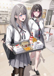  2girls 3d_background absurdres bag bag_charm black_bag black_choker black_hairband black_nails black_pantyhose blue_eyes breasts brown_shoes burger charm_(object) chinese_commentary choker commentary_request cup diagonal-striped_clothes diagonal-striped_necktie disposable_cup dress_shirt food french_kiss grey_hair grey_skirt hair_ornament hairband hairclip highres holding holding_cup holding_tray jovei kiss large_breasts long_hair medium_breasts multiple_girls nail_polish neck_ribbon necktie open_mouth pantyhose parallel_hairclips pink_eyes pink_hair plaid_clothes plaid_skirt pleated_skirt ribbon saotome_shino_(shino_to_ren) school_uniform shino_to_ren shirayuki_ren shirt shoes short_hair shoulder_bag skirt striped_clothes striped_necktie three-quarter_sleeves tray white_shirt 