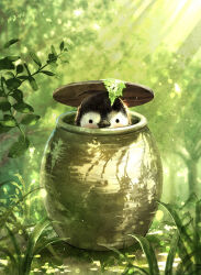  amepen_art animal animal_focus bird blurry blurry_background commentary_request day depth_of_field forest grass green_theme highres in_container in_jar jar light_rays looking_at_viewer nature no_humans original outdoors peeking_out penguin sunbeam sunlight 
