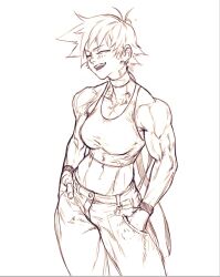  1girl biceps breasts choker closed_eyes denim hands_in_pockets highres jeans makoto_(street_fighter) medium_breasts monochrome muscular muscular_female pants ribbon_choker short_hair sketch solo sports_bra street_fighter street_fighter_iii_(series) tomboy zero_setsu 