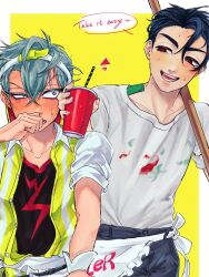  2boys alien_stage black_eyes black_hair black_shirt blush collared_shirt cup english_text green_eyes grey_hair haru_mnju highres holding holding_cup ivan_(alien_stage) layered_shirt multiple_boys official_alternate_costume open_clothes open_shirt red_pupils shirt speech_bubble striped_clothes striped_shirt sweat thick_eyebrows till_(alien_stage) vertical-striped_clothes vertical-striped_shirt white_shirt yellow_background yellow_shirt 