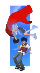  2boys absurdres black_eyes black_hair blue_sky cape crown false_memory flying guan_chao_(false_memory) halo hands_in_pockets high-visibility_clothing high-visibility_vest highres id_card jacket looking_at_another male_focus mini_crown multiple_boys open_mouth pants protagonist_halo red_cape sandals shirt short_sleeves shorts sky smile thxveryvery white_background white_shirt 