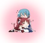  blue_hair cat_ears cat_tail catgirl chibi chin_tickle happy kaname-y magical_girl mahou_shoujo_madoka_magica miki_sayaka multiple_girls nekomimi pet_the_catgirl petting ponytail red_eyes red_hair redhead sakura_kyouko short_hair tail thighhighs 