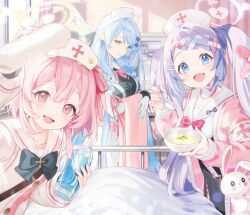  3girls blue_archive blue_eyes blue_hair bottle bowl braid fang gloves green_eyes hair_ornament hairclip halo hanae_(blue_archive) hat holding holding_bowl long_hair long_sleeves looking_at_viewer medium_hair mine_(blue_archive) multiple_girls nurse_cap official_art open_mouth pink_eyes pink_hair pink_halo pointy_ears porridge pov purple_hair remedial_knights_(blue_archive) serina_(blue_archive) skin_fang twin_braids twintails upper_body very_long_hair water_bottle white_gloves 