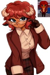 1girl adai_00art animal_ears animal_hospital_(roblox) animal_nose brown_fur brown_gloves brown_jacket cat_eye-framed_eyewear collared_shirt commentary english_commentary furry furry_female glasses gloves hair_ornament hairclip highres horns jacket looking_at_viewer mole mole_under_mouth orange_fur plaid_clothes plaid_skirt reference_inset roblox secretary_(animal_hospital) secretary_(auburn)_(animal_hospital) sheep_ears sheep_girl sheep_horns shirt signature skirt solo suit_jacket white_background wool