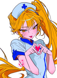  1girl absurdres ahoge akita_neru artist_logo blonde_hair blue_trim cross dixretsa hat heart heart_hands high_collar highres light_blush logo long_hair nurse nurse_cap shirt short_sleeves side_ponytail simple_background solo tongue tongue_out upper_body vocaloid white_background white_shirt yellow_eyes 