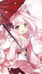  1girl :d absurdres animal_ear_fluff animal_ears black_bow blush bow braid brown_eyes cat_ears chinese_commentary commentary_request eacii fang floral_print flower hair_bow hair_flower hair_ornament hakama hakama_skirt highres holding holding_umbrella japanese_clothes kimono long_hair long_sleeves looking_at_viewer obi official_alternate_costume official_alternate_hairstyle oil-paper_umbrella open_mouth pink_flower pink_hair pink_kimono pink_umbrella print_kimono red_flower red_umbrella ribbon sash shimakaze_(warship_girls_r) skirt sleeves_past_wrists smile solo taishou twin_braids twintails umbrella very_long_hair warship_girls_r wide_sleeves zoom_layer 