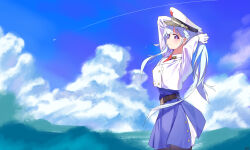  1girl absurdres anshan_(warship_girls_r) arms_up belt black_hair black_pantyhose blue_hair blue_skirt blue_sky braid clouds commentary_request day gloves half_crown_braid hat highres jianjianwu long_hair looking_at_viewer necktie ocean outdoors pantyhose peaked_cap red_necktie shirt skirt sky solo standing tying_hair violet_eyes warship_girls_r white_gloves white_hair white_shirt 