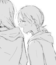  2girls blush choker closed_eyes commentary girls_band_cry grcr_pometa1118 greyscale highres hood hood_down iseri_nina kawaragi_momoka low_twintails monochrome multicolored_hair multiple_girls open_mouth roots_(hair) short_hair short_twintails simple_background twintails upper_body white_background 
