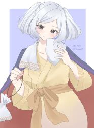 1girl black_eyes blue_background blush border closed_mouth female_robin_(fire_emblem) female_robin_(onsen_tactician)_(fire_emblem) fire_emblem fire_emblem_awakening fire_emblem_heroes highres holding japanese_clothes long_hair looking_at_viewer official_alternate_costume official_alternate_hairstyle outside_border sayaka_(fe_uma274) simple_background smile solo towel towel_around_neck twitter_username white_border white_hair 