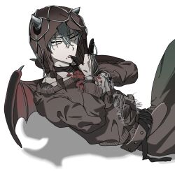  1boy absurdres alien_stage blood blood_on_face blood_on_hand brown_sweater brown_veil commentary demon_boy demon_horns demon_wings finger_cots from_side green_eyes grey_hair grey_horns highres horns looking_up male_focus official_alternate_costume open_mouth shadow short_hair sitting solo sweater till_(alien_stage) torn_clothes torn_sweater umami_mazu veil white_background wings 