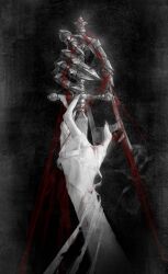  absurdres bandaged_hand bandages blood dagger fingernails gauntlets greyscale hand_focus highres holding holding_dagger holding_knife holding_weapon jiao_chang knife monochrome original spot_color weapon 