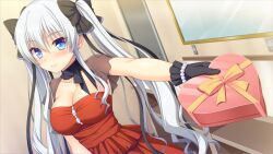  1girl black_bow black_collar black_gloves blue_eyes blush bow box breasts closed_mouth collar collarbone detached_collar detached_sleeves door dress dutch_angle electrical_outlet evening_gown frilled_dress frilled_sleeves frills fuyuichi_monme game_asset gift gift_box gloves grey_sleeves hair_bow harizome_shione holding holding_gift incoming_gift indoors large_breasts long_hair looking_at_viewer mirror multiple_hair_bows non-web_source nose_blush off-shoulder_dress off_shoulder outstretched_arm red_dress ren'ai_x_royale ribbon_trim self-datamine shelf short_sleeves solo twintails very_long_hair white_hair 