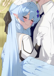  absurdres bandaid bandaid_hair_ornament black_bow blue_archive blue_hair blue_wings blush bow closed_eyes closed_mouth commentary_request feathered_wings gloves hair_bow hair_ornament halo hat height_difference hetero highres hug juliet_sleeves long_hair long_sleeves low_wings mine_(blue_archive) nurse_cap pointy_ears puffy_sleeves seele0907 sensei_(blue_archive) smile very_long_hair white_gloves wings 